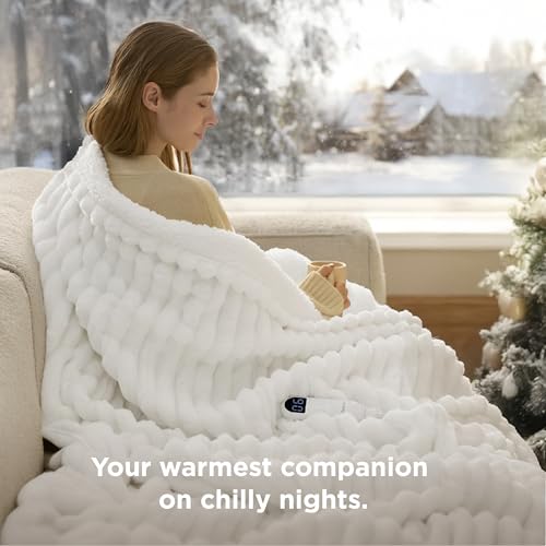 Bedsure White Striped Heated Blanket Electric Throw - Fast Heating, 6 Heat Settings, 6 Timer, 50x60 Inches, Auto Off, Giftable