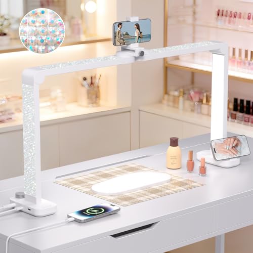 White Rhinestone Half Moon Nail Desk Lamp - Dimmable LED Light for Manicure & Makeup - 1 Pack