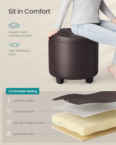 Chestnut Brown Round Vanity Stool with Storage - 17.7 Inch Diameter