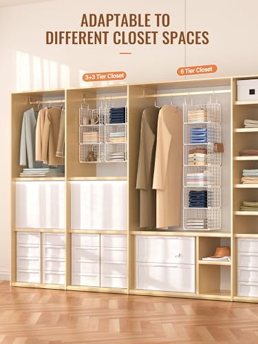 Orapoke White 6-Tier Hanging Closet Organizer Without Drawer - Metal Storage Shelves with Hooks