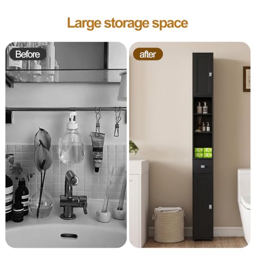 UYIHOME Narrow Bathroom Storage Cabinet with USB Light, Tall Black Slim Organizer