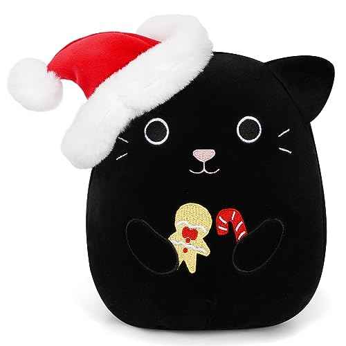 Christmas Cat Plush, Black Cat Stuffed Animal Toy, Cute Christmas Plush Stuffed Cat Doll, Soft Gingerbread Plush Pillow for Girls Boys Adults