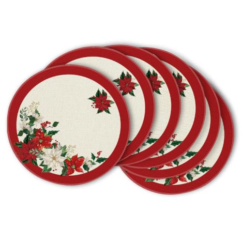 Artoid Mode Beige Leaves Poinsettia Round Placemats Set of 6 14 Inch Christmas Table Decor