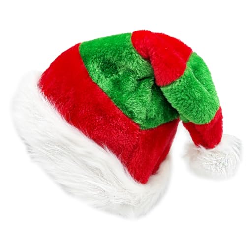 Christmas Elf Hat for Adults - Red & Green Plush Santa Hat for Holiday Parties