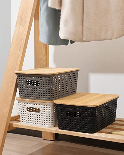 AREYZIN Black Storage Bins with Bamboo Lids Set of 6 - Stackable Closet & Kitchen Organizers