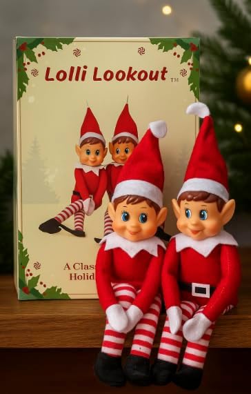 Lolli Lookout™ Christmas Elf Pair - Classic Plush Figurines | 14-Inch Red Holiday Shelf Sitters for Mantel Decor