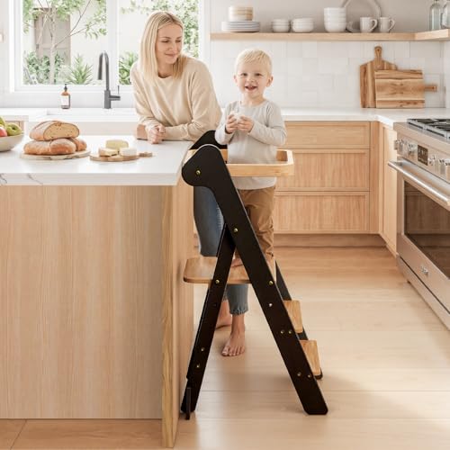 COSYLAND Foldable Toddler Kitchen Stool Adjustable Height with Safety Net & Feet - Wooden & Black, For Kids 18M-6Y