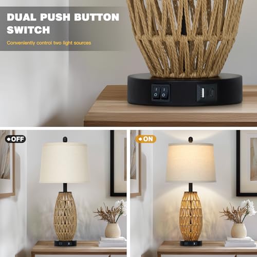 CINSARY 27-Inch Rattan Table Lamps Set of 2 - Boho Bedside & Living Room Decor with USB Charging Ports