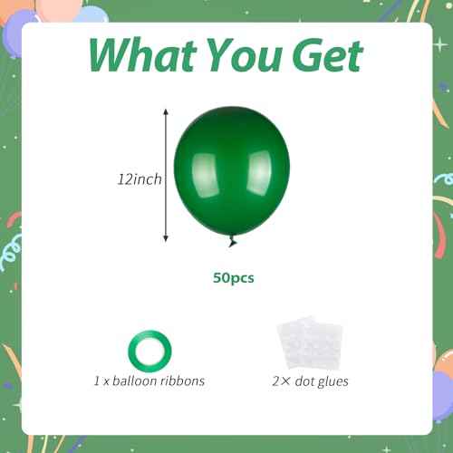 50pcs Dark Green Balloons, Helium 12inch Emerald Green Party Balloons for Christmas Birthday Wedding Party Decorations (With Ribbon & Glues)