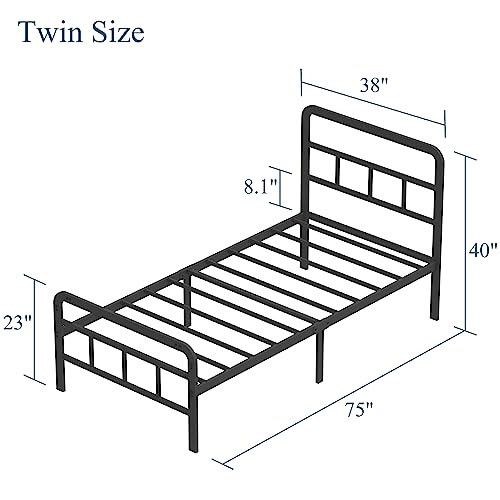 Modern Twin Bed Frame with Headboard & Footboard - Steel Slat Support, No Box Spring Needed, Easy Assembly, Black - 14 Inch