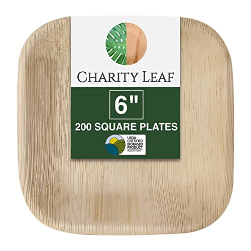 Charity Leaf Disposable Bamboo Square Plates 6-inch - Pack of 200, Eco-Friendly Catering Serveware