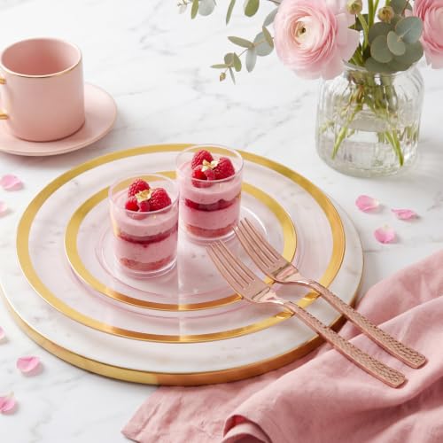 360PCS Rose Gold Plastic Silverware Set - Heavy Duty Disposable Cutlery (120 forks, 120 knives, 120 spoons) - Spherical Hammered Handle - Sku: 360PCS / Plastic Rose Gold Silverware