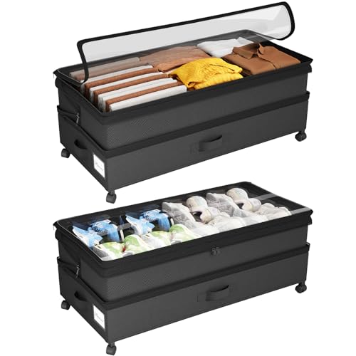 Kitstorack 2-Pack Height-Adjustable Under Bed Storage Containers with Wheels & Clear Window, Black