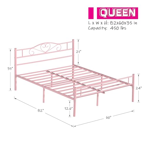 Pink Queen Size Metal Bed Frame with Headboard & Footboard - Heavy Duty, No Box Spring Needed, 14 Inch