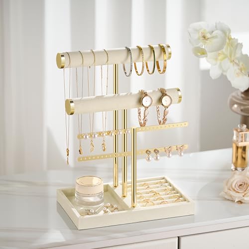 Beige Jewelry Organizer Stand for Necklaces, Bracelets, Earrings & Rings - Large, Bussdis