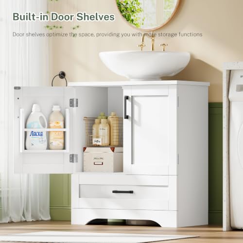 TEENFON 24-Inch White Pedestal Sink Storage Cabinet with 2 Doors & Drawer