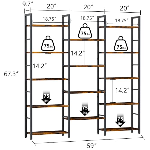 Shintenchi 5 Tier Wide Tall Bookshelf - Modern Triple Bookcase with 14 Shelves