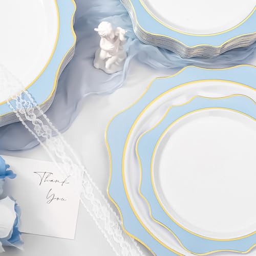 realluck 100Pcs White & Blue Plastic Plates for 50 Guests