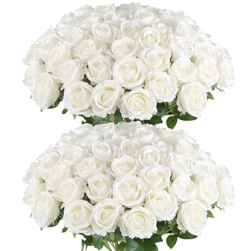 Artificial Roses Bulk 50 White Silk Flowers for DIY Decor - Long Stems