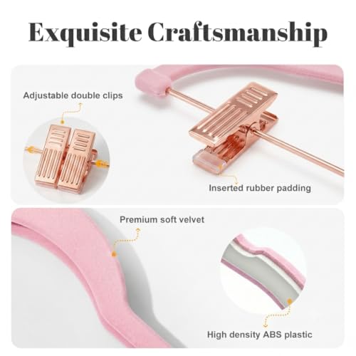 Peach Pink Velvet Pants Hangers with Clips - 24 Pack with Rose Gold Hooks