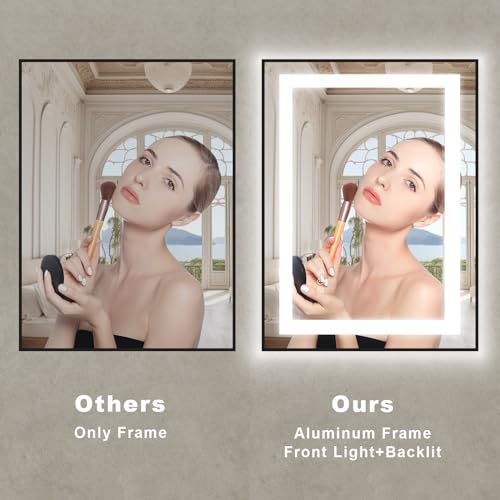 OKPAL Matte Black 24x32 LED Bathroom Mirror with Front & Backlit Dimmable Anti-Fog