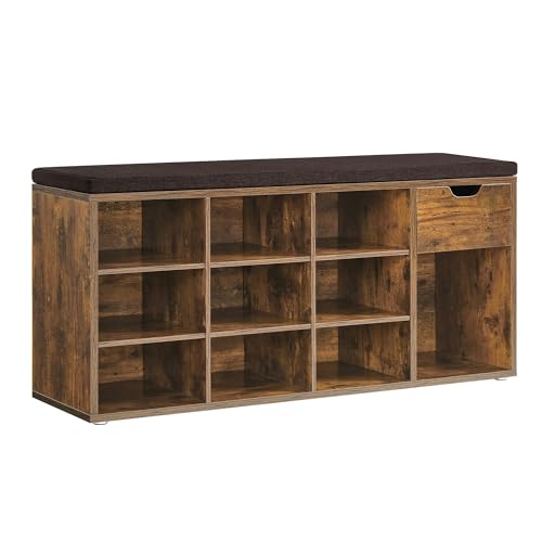VASAGLE Rustic Brown Shoe Bench with Cushion and Storage, 10 Compartments - Brown + Chestnut Brown