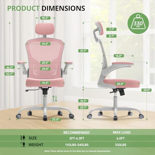 Synorla Pink & Grey Ergonomic Office Chair 330LBS Capacity Adjustable Mesh Desk Chair