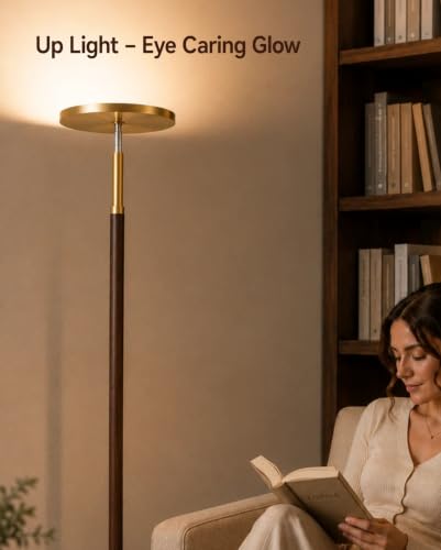 Walnut Wood & Brushed Brass LED Torchiere Floor Lamp with Remote Dimmable 3000LM