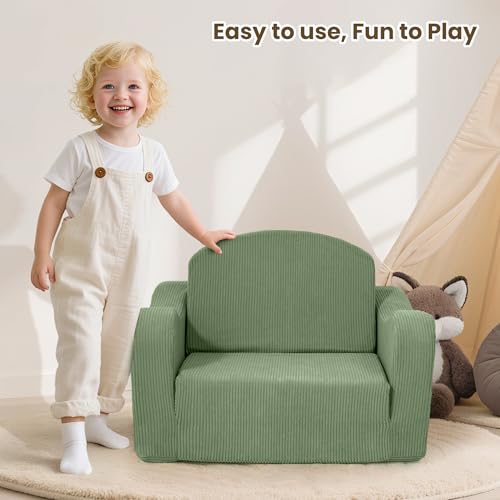 Airpanda Kids Sofa Chair 2-in-1 Fold-Out Foam Couch, Green Corduroy – Toddler Kids' Play & Reading Seat