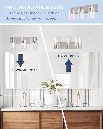 Brushed Nickel Bathroom Vanity Lights 3-Light with Clear Glass Shades - Variation of This Listing