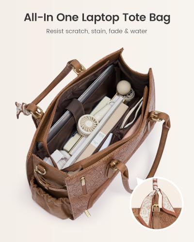 Retro Brown Embossed Work Tote Bag with Lunch Compartment for 15.6 Inch Laptop