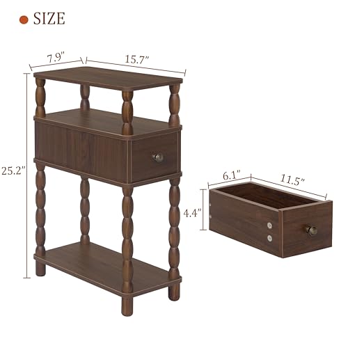 MaxSmeo Walnut Brown Narrow Side Table with Drawer - Small Nightstand for Living Room & Bedroom