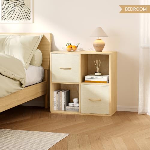 4 Cube Storage Organizer with 2 Bins - Solid Wood Cube Shelf for Bedroom, Living Room, Office - Variation of THIS listing