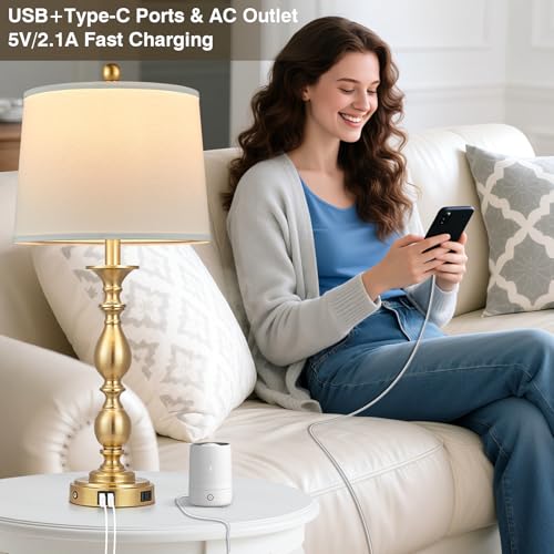 MOUVOVO 28-inch Gold Set of 2 Modern Touch Bedside Table Lamps with USB & Outlet, Farmhouse Nightstand Lamps for Bedroom & Living Room - Includes 2 LED Bulbs