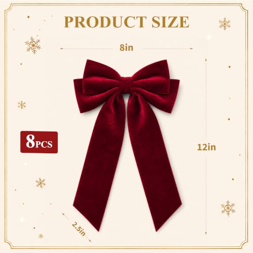 Senjie Burgundy Velvet Christmas Tree Topper Bows - 8 Pack, 2.5" Wide