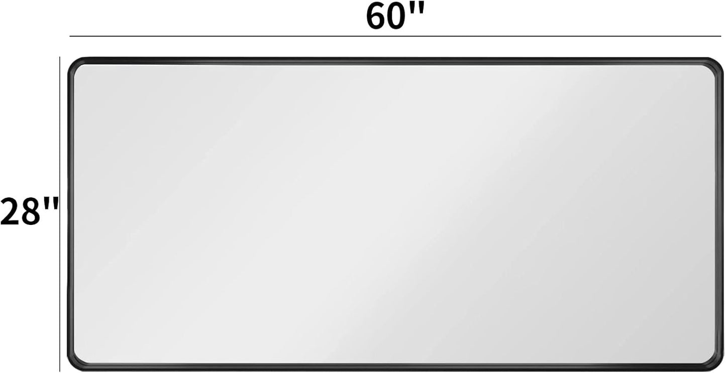 LOAAO Black Metal Framed Bathroom Mirror - 60x28 Inch Large Rounded Rectangle | Anti-Rust Tempered Glass