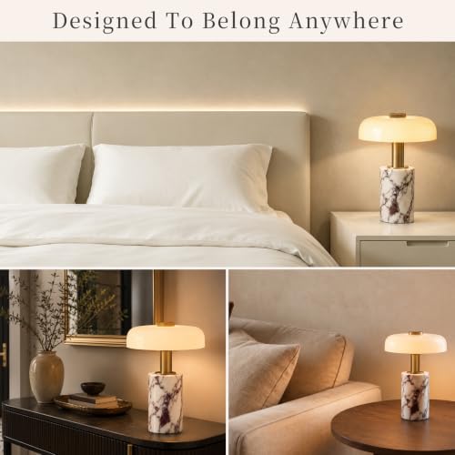 Calacatta Viola Marble Cordless Table Lamp with Glass Shade & Touch Dimming