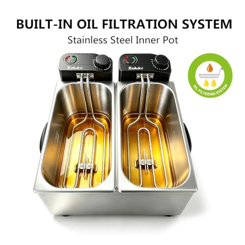 7.4QT Double Deep Fryer with 2 Baskets, 3000W Oil Filtration System