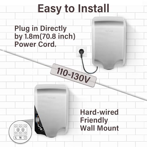 ASIALEO Brushed Stainless Steel Commercial Hand Dryer, ADA Compliant, Hot/Cold Air Switch, Wall-Mounted, 1000W