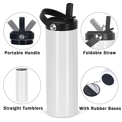 White 8 Pack 20oz Sublimation Skinny Tumblers with Handles - Double Wall Stainless Steel, Includes Lids & Accessories