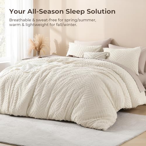 Oversized King Comforter Set - 3 Piece Boho Tufted Bedding in Beige - 120x98