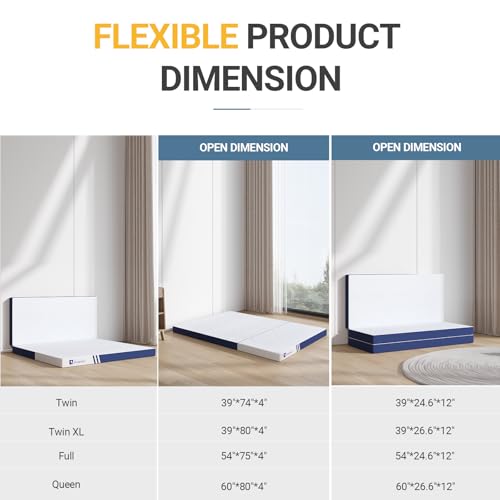 Blue Full Size Foldable Memory Foam Mattress Topper - 4 Inch Trifold Portable Bed