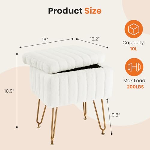White Faux Fur Vanity Stool with Storage & Adjustable Metal Legs - Sweetcrispy