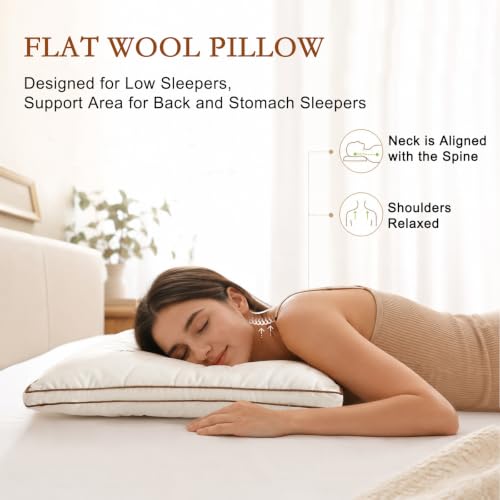 Queen Size Wool Pillow Set of 2 - Flat, Breathable Cotton Cover, Off White