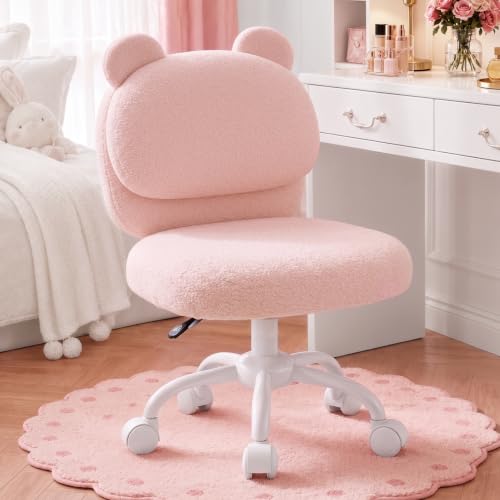 Pink Vanity Chair with Plush Teddy Fleece Bear Backrest - Movable Home Office Desk Seat