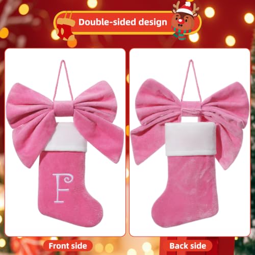 Siriphum Mini Pink Velvet Christmas Stocking with Embroidered Monogram & Bow - Pink/H