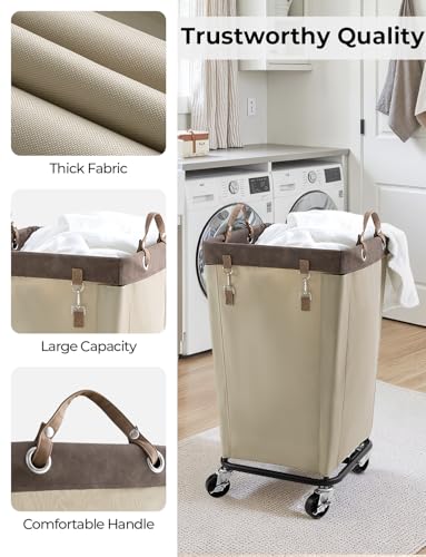 Laundry Basket with Wheels - 160L Rolling Hamper for Clothing - Light Khaki