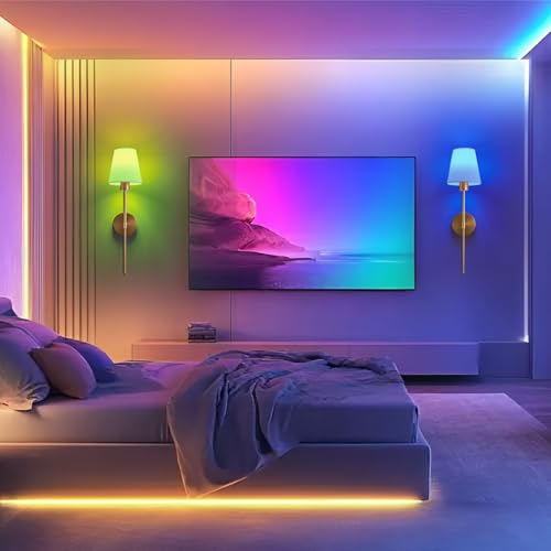Wireless Battery Operated Wall Sconces Set of 2 - Gold, Dimmable RGB, Remote Control