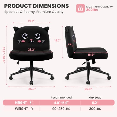 ALLGOD Black Cat Shape Armless Vanity Chair with Soft Fabric, Playful Office Desk Seat