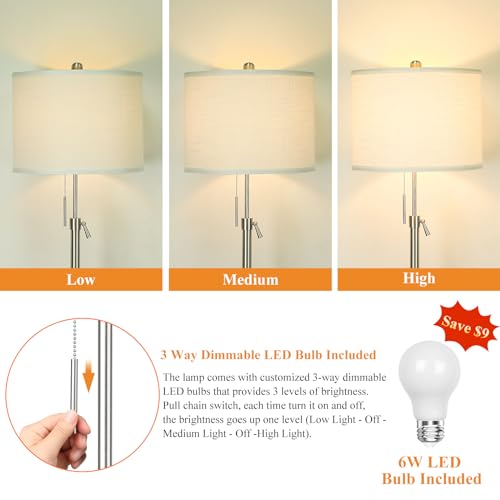 Nickel Floor Lamp with White Shade - Adjustable Tall Reading & Living Room Light - 55-67 Inches